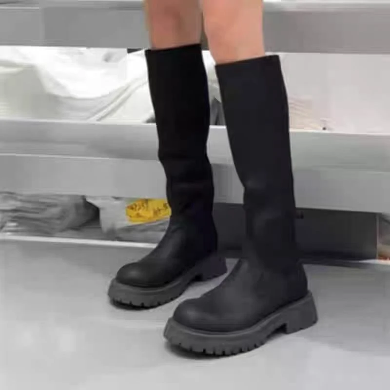 诗歌兰瘦瘦靴女2025新款真皮显瘦中筒靴时尚一脚蹬弹力靴572-160