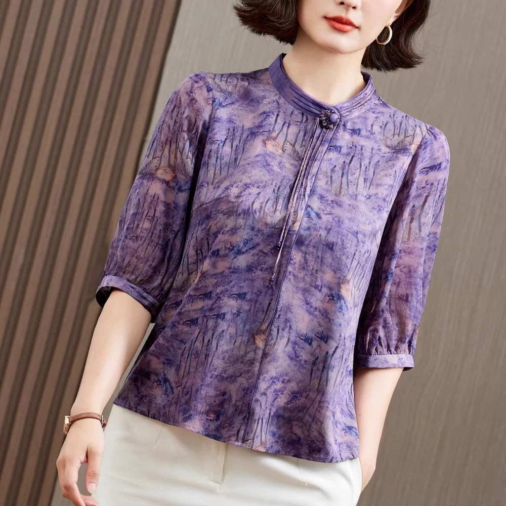 桑蚕丝衬衫女2025夏季新款真丝小衫妈妈装大码品牌印花中老年上衣