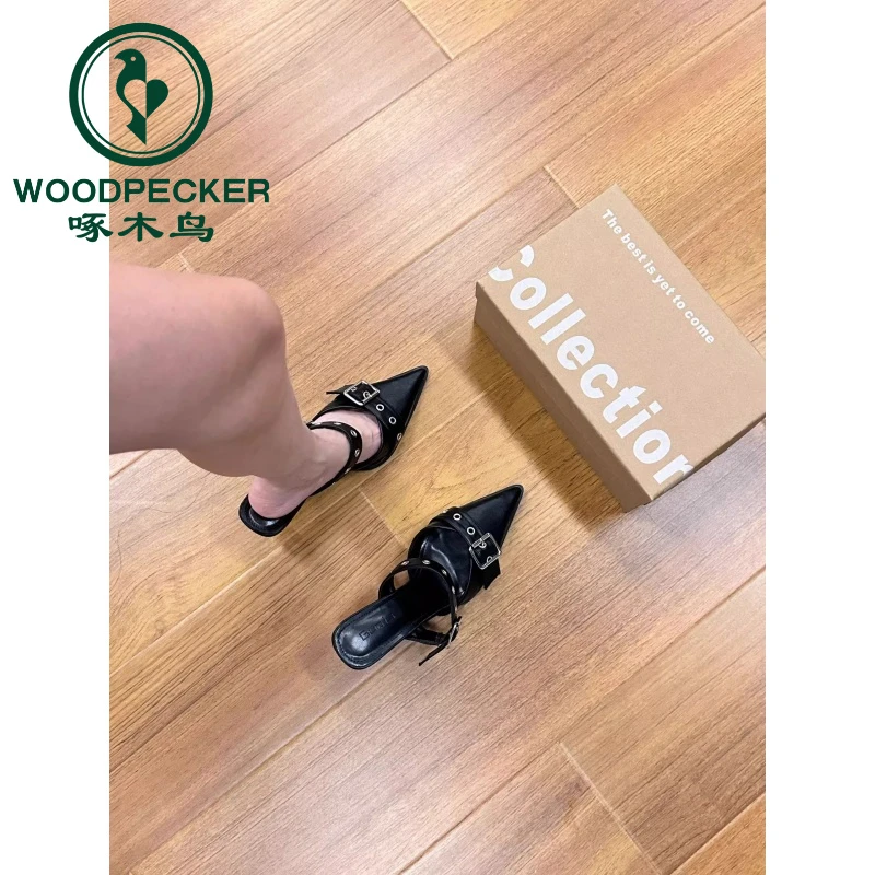 啄木鸟小众设计感包头半拖鞋女鞋子外穿2025春秋高跟法式银色凉拖