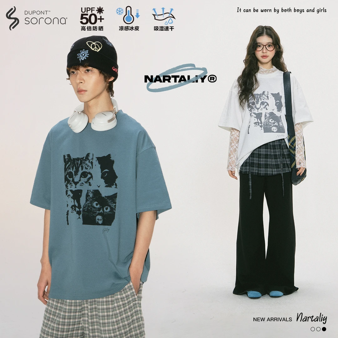 NARTALIY破洞猫咪印花短袖t恤男女潮牌夏季凉感速干情侣半袖T398