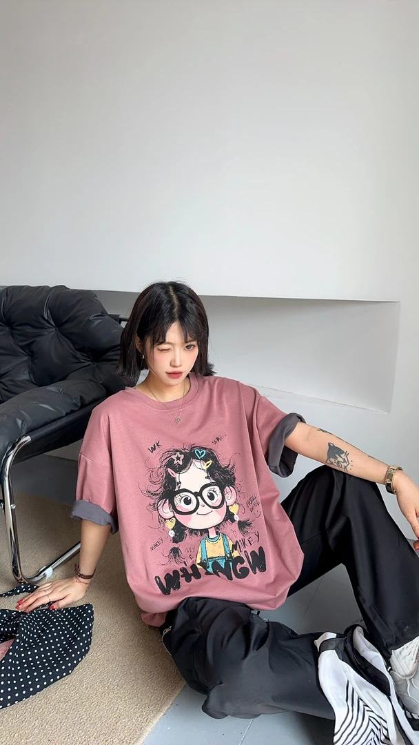 编码401-500夏季宽松大版慵懒风短袖百搭休闲时尚