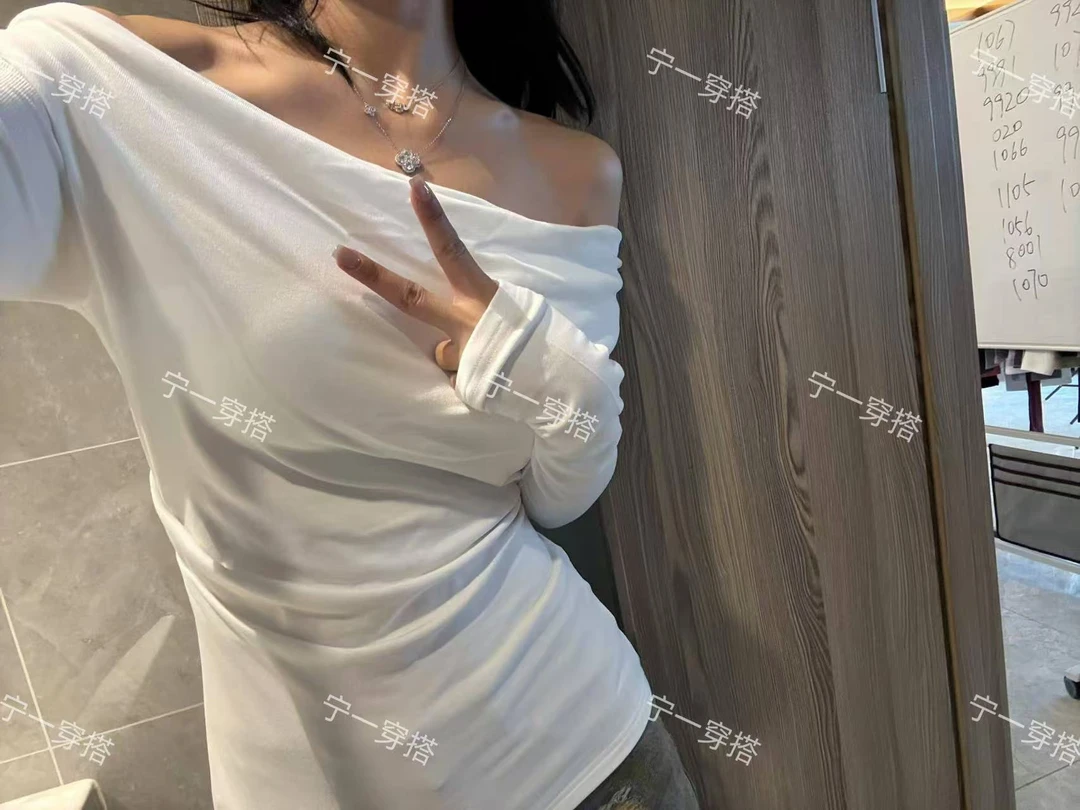 【8003一字肩】新款露肩褶皱显瘦低胸露锁骨收腰显瘦上衣
