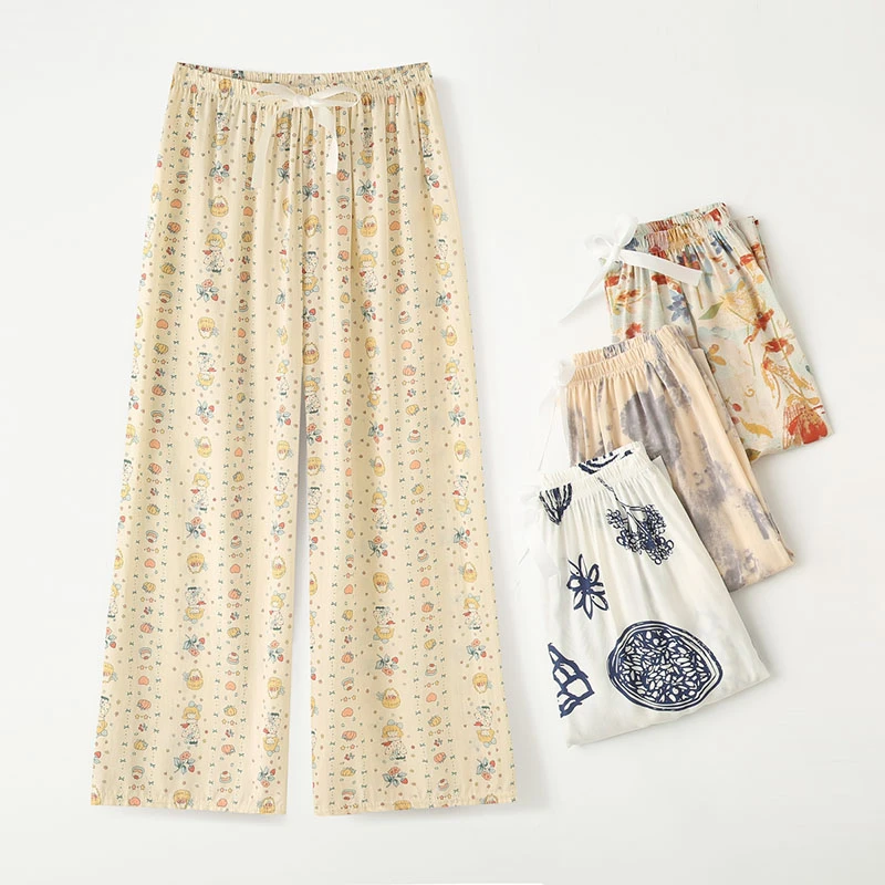 夏季新款绵绸睡裤女宽松休闲直筒裤居家休闲遛弯裤家居裤薄款防蚊