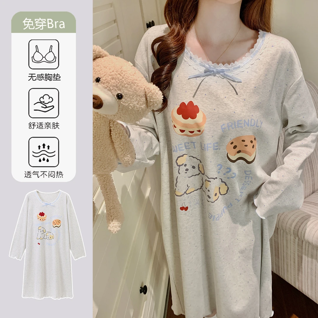 日系卡通睡裙女款带胸垫秋冬长袖中长款可外穿学生宿舍睡衣连衣裙