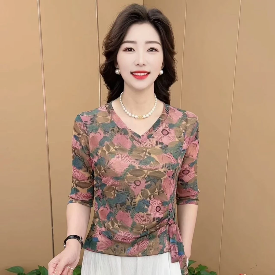 早秋新款时尚V领收腰系带设计洋气妈妈装气质百搭女士打底衫K602