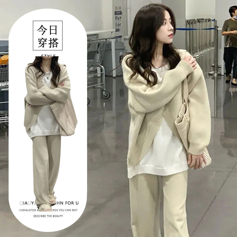 秋季欧美气质设计感别致长袖毛衣气质垂感阔腿裤慵懒风洋气套装潮