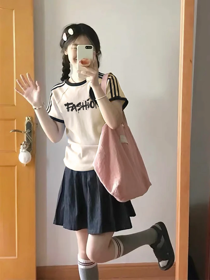 三条杠正肩T恤女短袖修身显瘦美式遮肉辣妹ins夏季百搭上衣新款潮