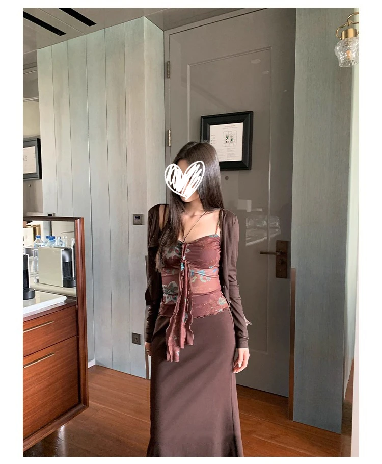 纯欲时尚套装女夏长袖开衫上衣印花吊带背心半身裙长裙休闲三件套