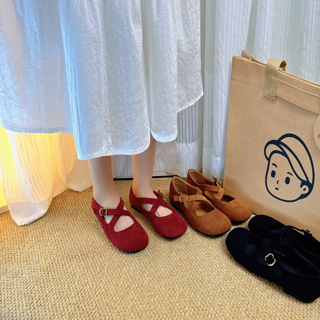 羊皮版～平底法式玛丽珍交叉带浅口单鞋软底春秋舒适配裙子芭蕾鞋