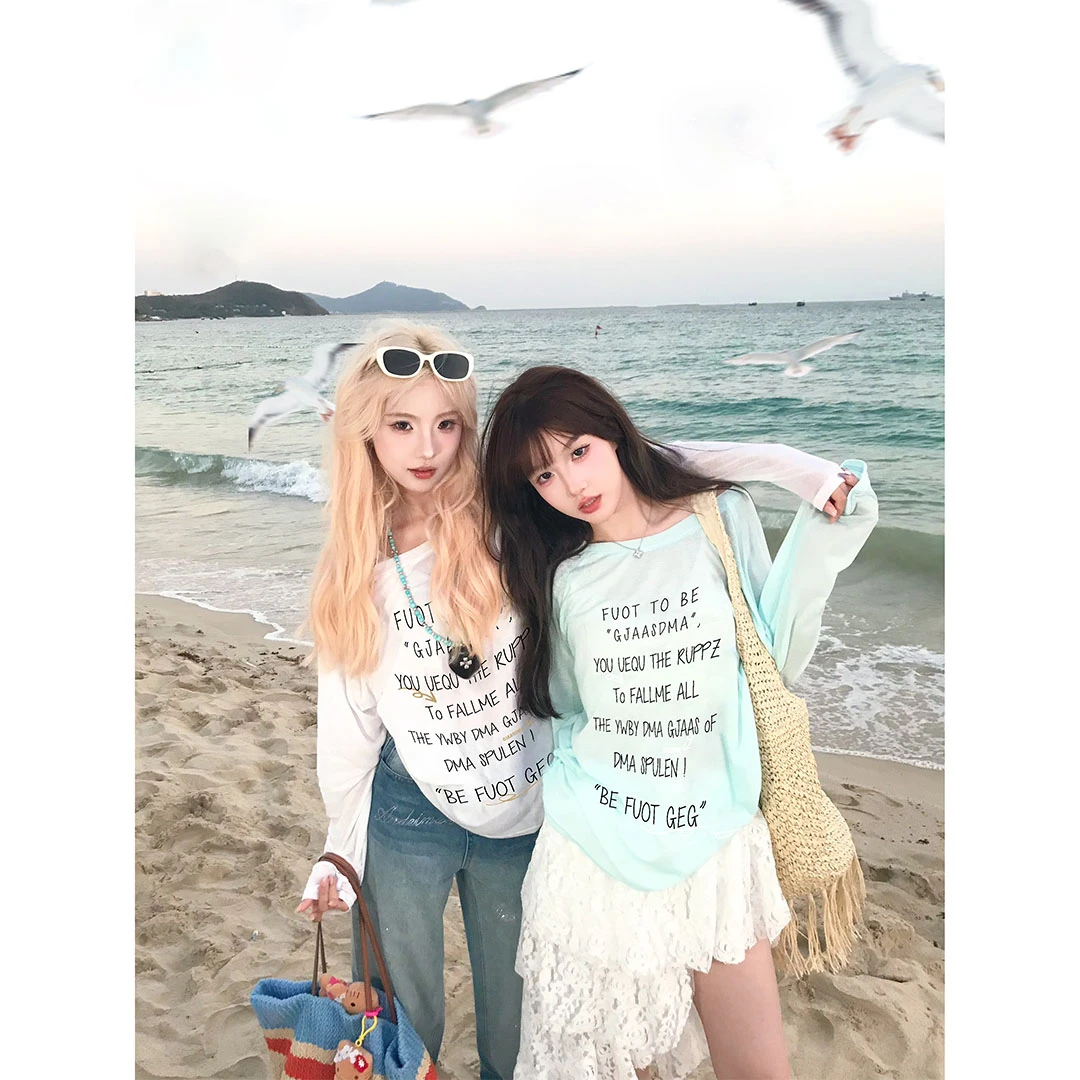 无品牌韩系慵懒风穿搭夏季长袖防晒罩衫百搭透气宽松显瘦圆领上衣