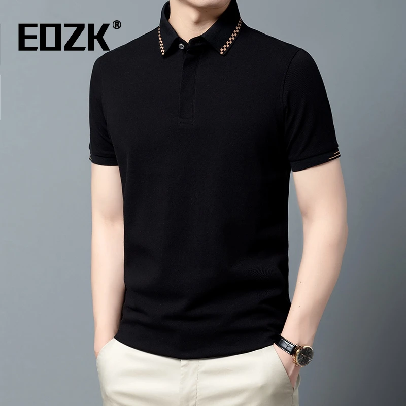 Eozk男装短袖t恤中年男士夏季纯棉翻领高端休闲时尚polo衫纯色薄
