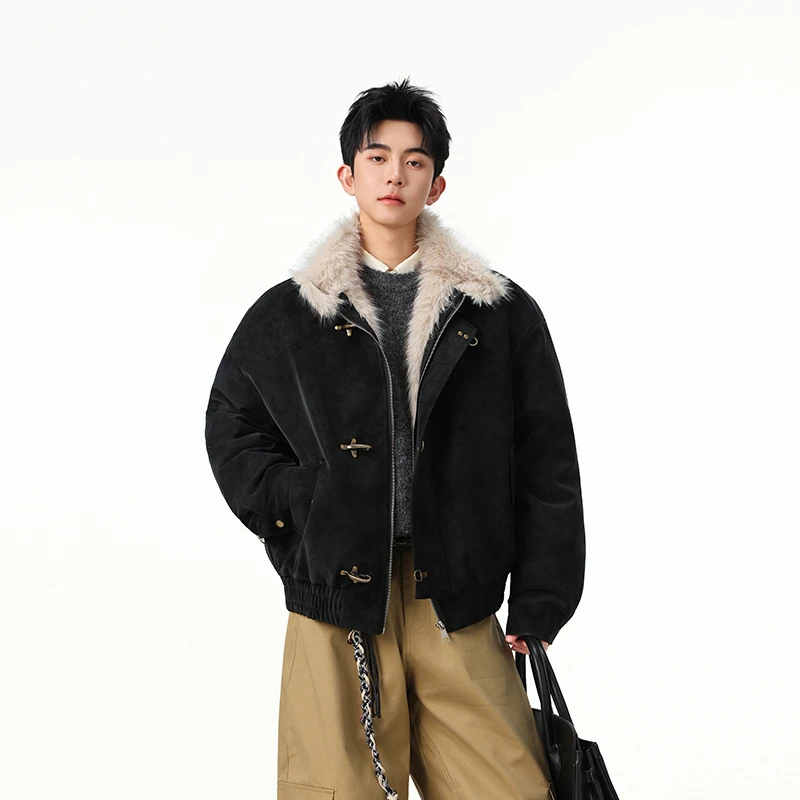 金属飞机扣哈灵顿短款pu皮棉衣外套男冬季加厚潮牌宽松高级感棉服