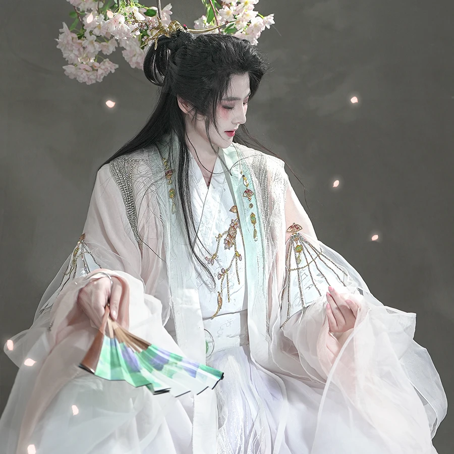 风雅司制桃花扇大袖交领齐腰仙气春夏汉服男汉元素粉色