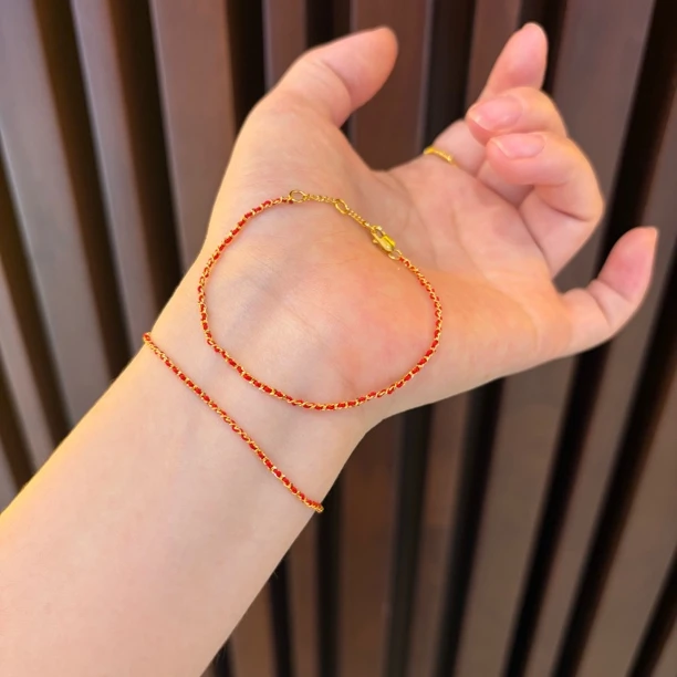 足金999古巴链红绳 侧身链编绳百搭复古时尚手工编绳首饰适合送礼