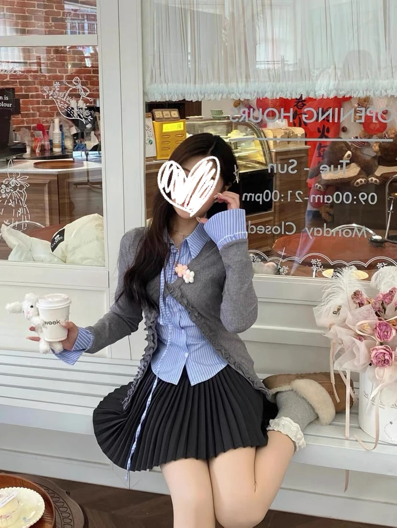 岛屿暮色学院风复古拼接设计感长袖开衫显瘦上衣
