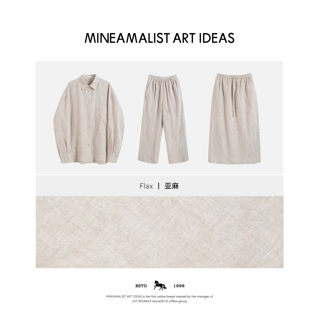 夏季翻领宽松单口袋亚麻衬衫裤子裙子套装3821M