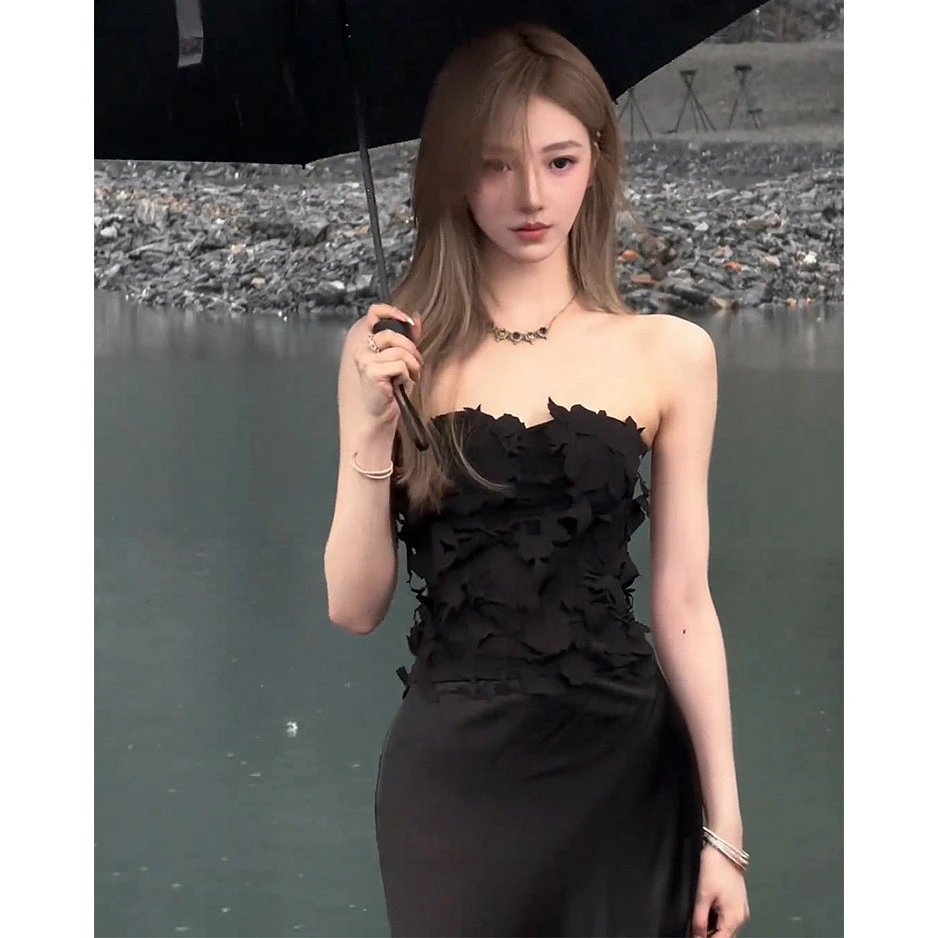 黑色一字肩抹胸背心夏季性感褶皱女高级感纯欲气质无袖裙子短上衣