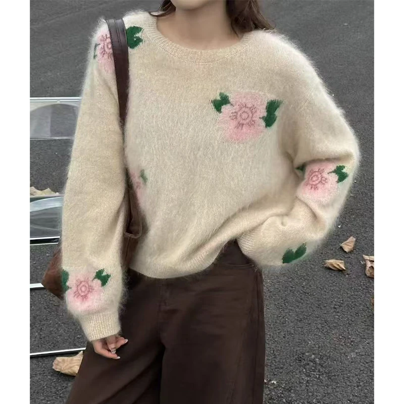 樱花套头」全羊毛~法式温柔风圆领毛衣冬季时尚宽松减龄毛衣-5735