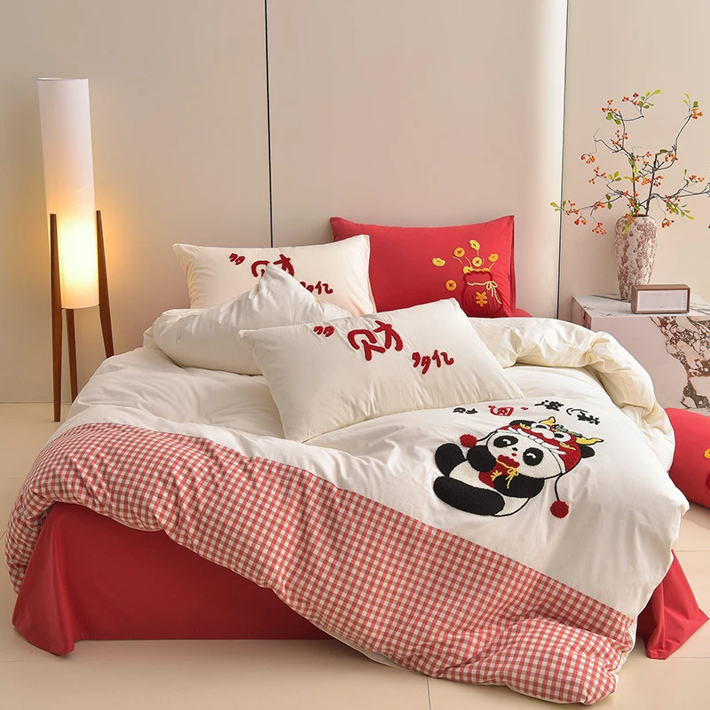 皇后娘娘  卡通儿童熊猫贴布绣全棉水洗棉四件套冬季纯棉床单被套