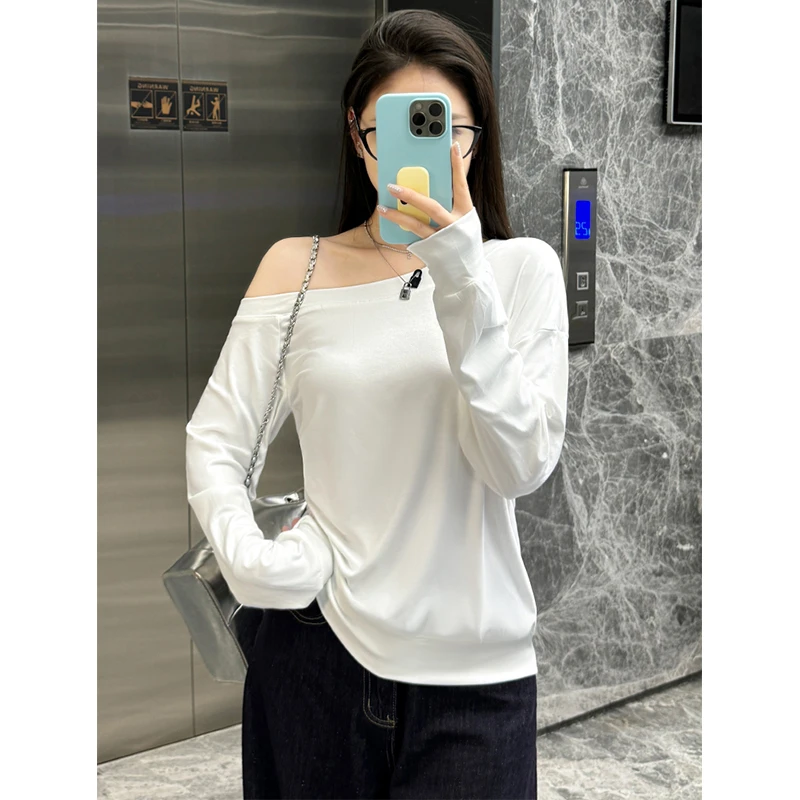 美式复古不规则斜肩长袖T恤女春秋季2025新款宽松露单肩辣妹上衣