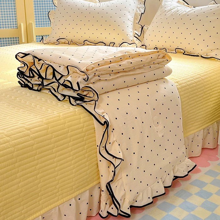 韩系小清新花边床盖夏凉被奶绒四件套A类双层纱公主风床盖四件套