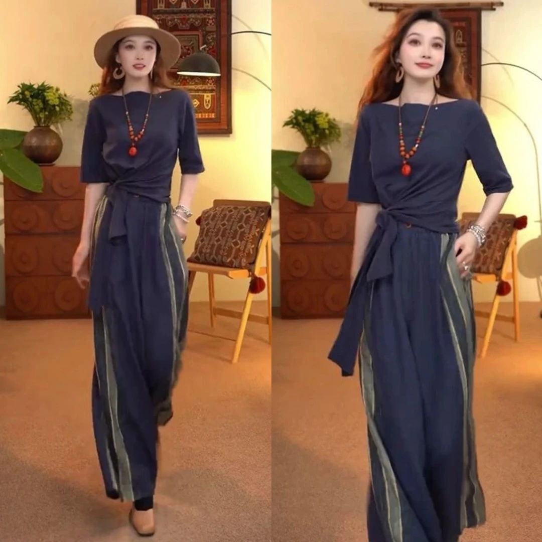 欧洲站2025夏季新款设计感小众显瘦圆领纯色T恤时尚高腰麻裤套装