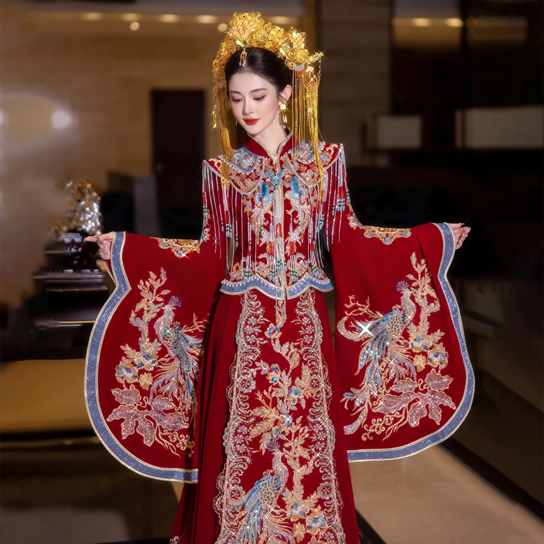 奢华秀禾服宽袖中式新娘嫁衣2025新款结婚高级凤冠霞帔国风龙凤褂