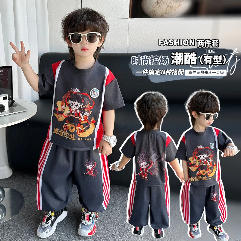 哪吒衣服男童亮灯短袖长裤哪吒套装