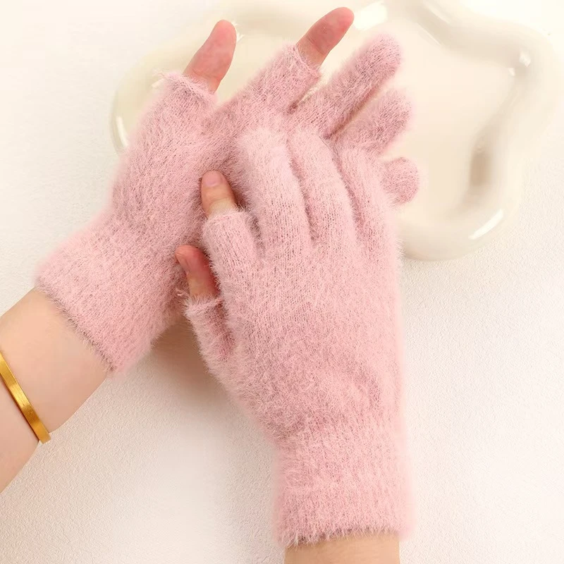 学生冬季保暖手套女加绒加厚骑行触屏露二指防寒手套骑车分指手套