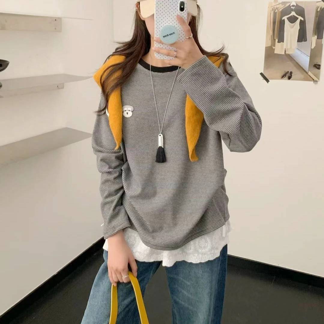 刺绣小狗圆领细条纹冬季保暖绒厚款打底衫T恤宽松休闲上衣韩单
