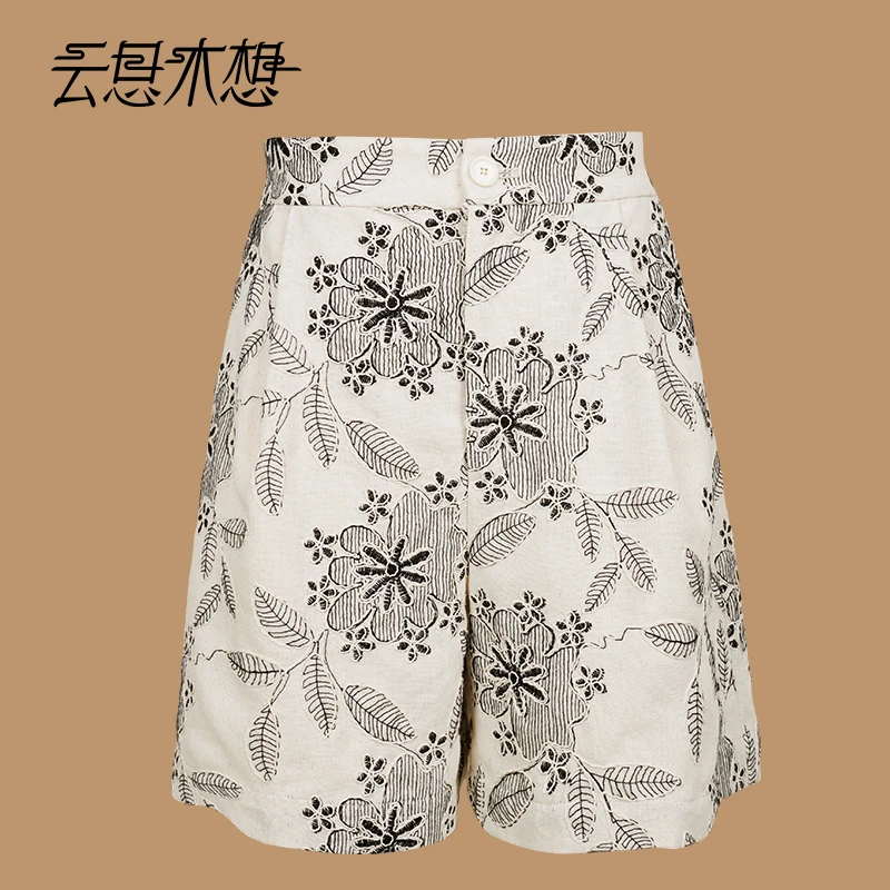 Ysimo-X云思木想 盛夏花开 时尚前幅褶皱提花含亚麻短裤13124