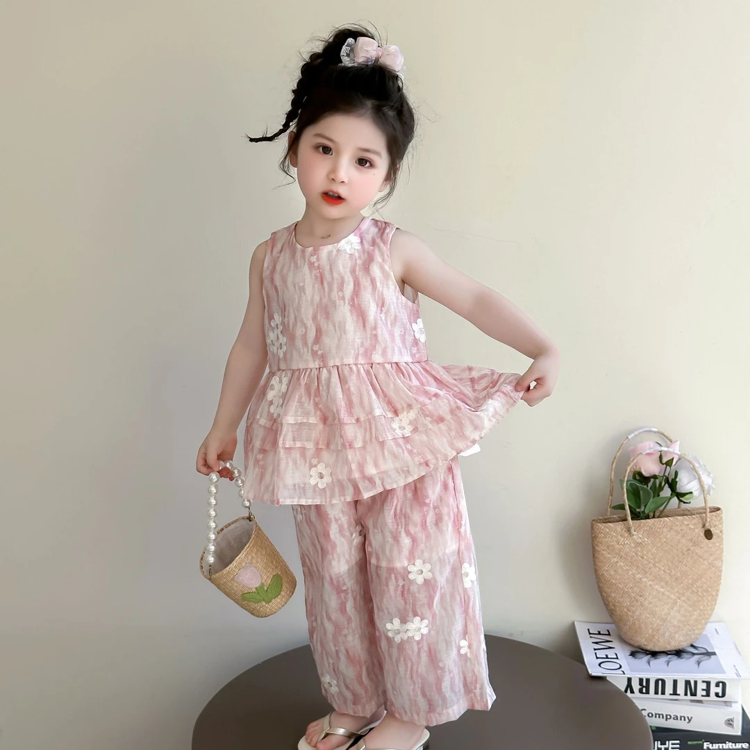 女童夏装套装花朵无袖娃娃衫儿童背心阔腿裤两件套夏季小女孩衣服