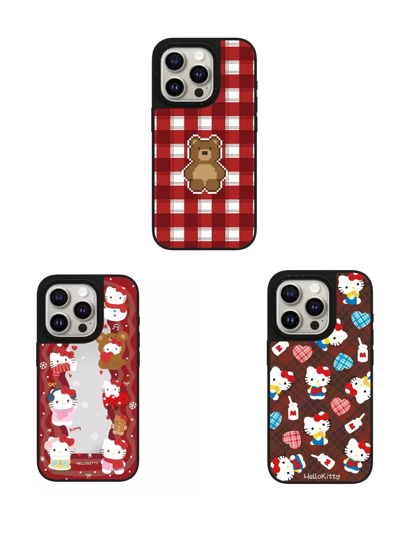 【高版镜面】红白格小熊新年kt猫用苹果iphone12/16手机壳硬背软边