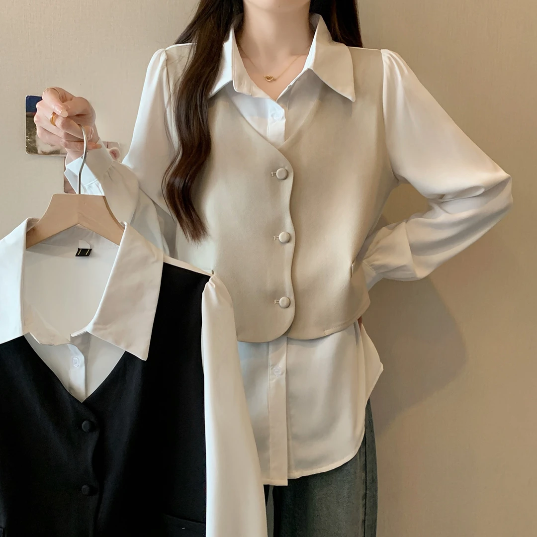 清大码女2025秋季新款拼接假两件马甲衬衫不规则设计感上衣63547