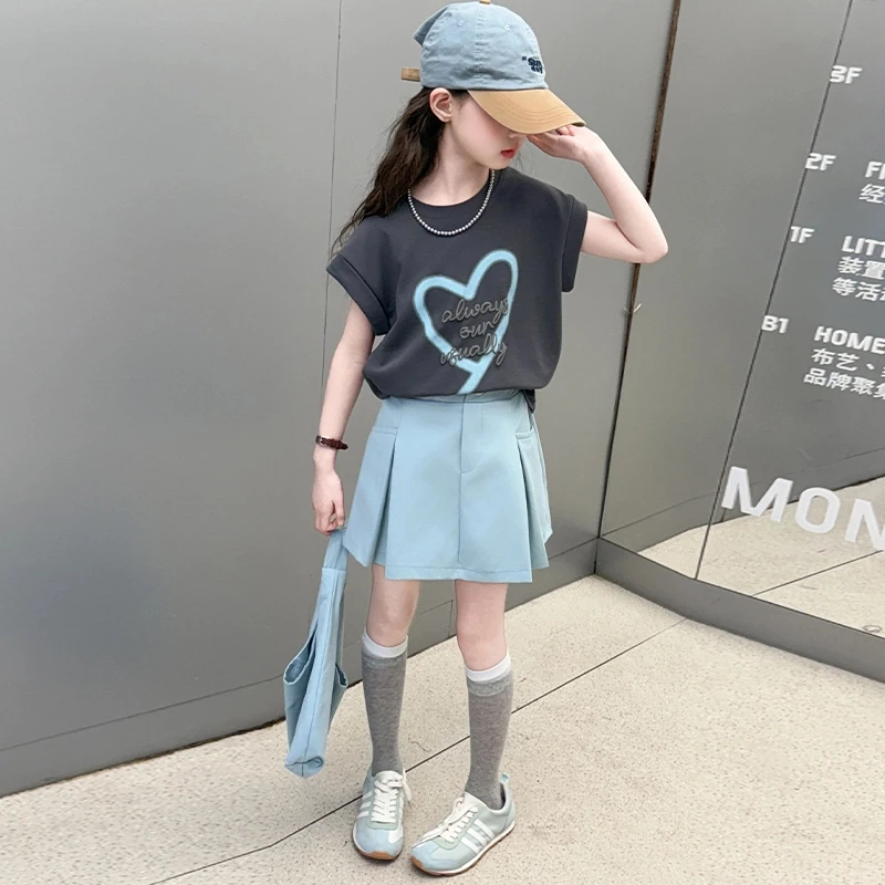 韩范女童套装2025新款夏装儿童时髦短袖洋气女大童夏季短裙两件套