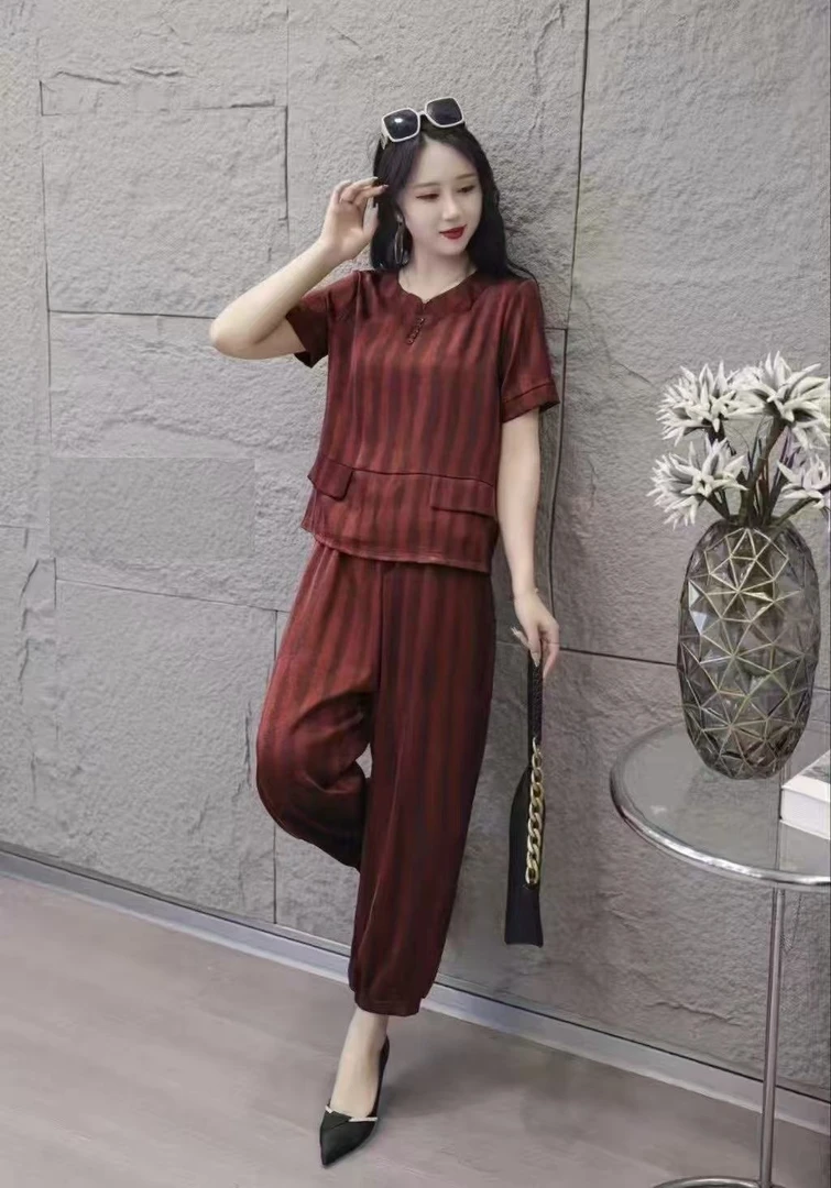 夏季宽松套装两件妈妈装气质时尚舒适薄款圆领8566