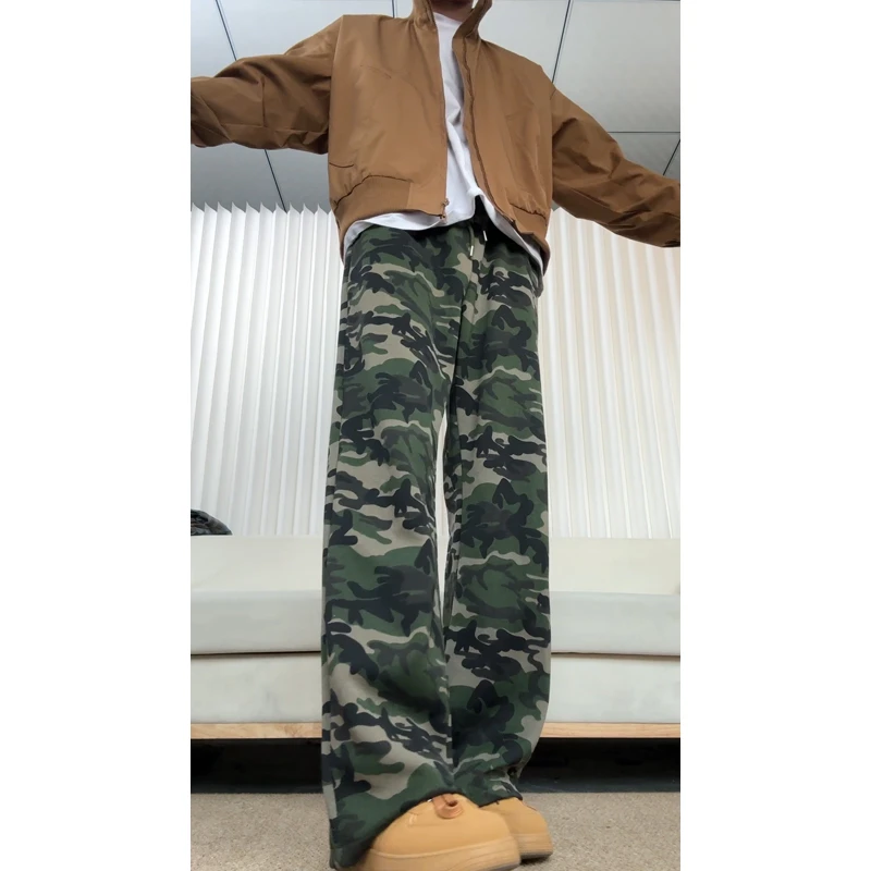 美式高街弯刀迷彩裤子男款秋季慵懒松弛感重磅卫裤休闲微喇运动裤