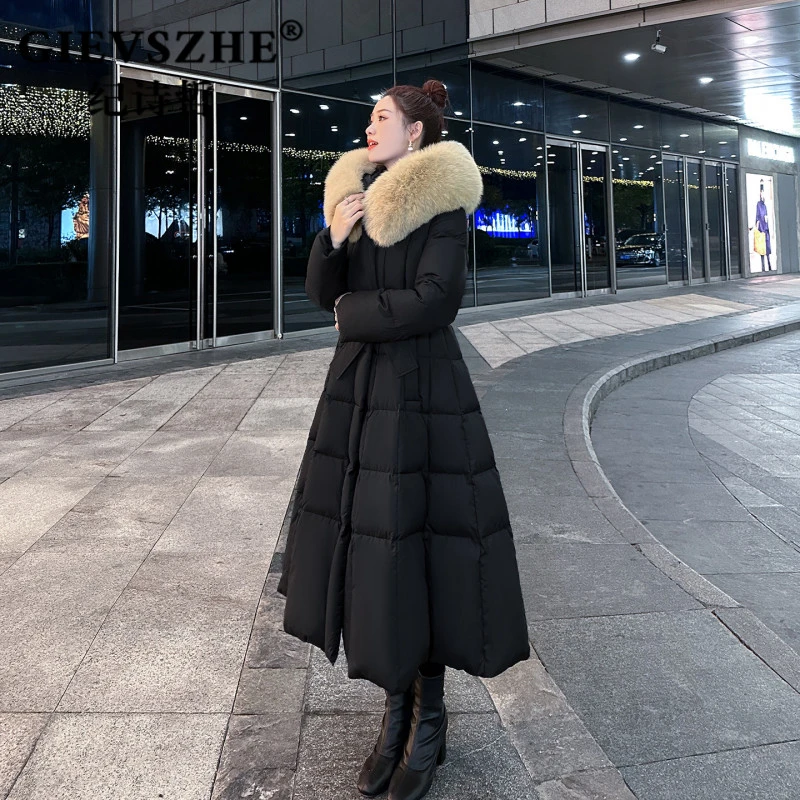 纪诗哲收腰连帽长款羽绒服时尚冬季百搭潮流狐狸毛领加厚保暖外套