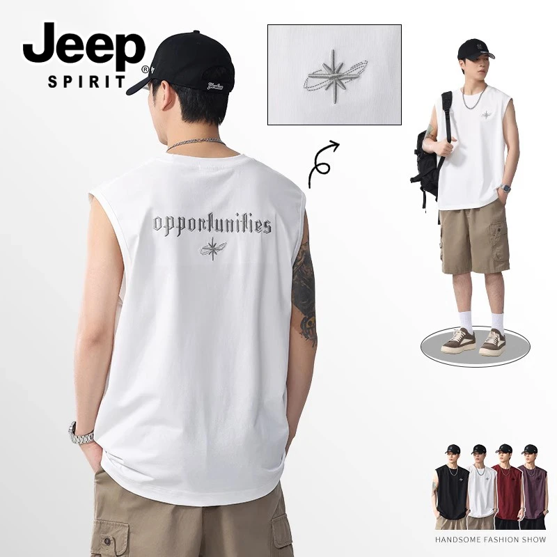 JEEPSPIRIT吉普背心男款刺绣短袖T恤男夏季新款宽松休闲男无袖t恤