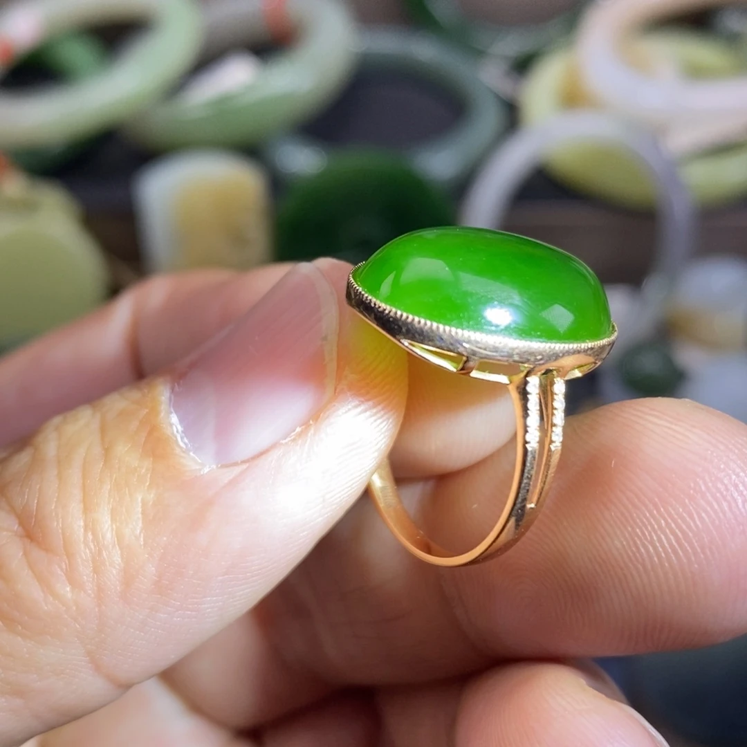 和田玉（碧玉）18K金镶嵌戒指17+