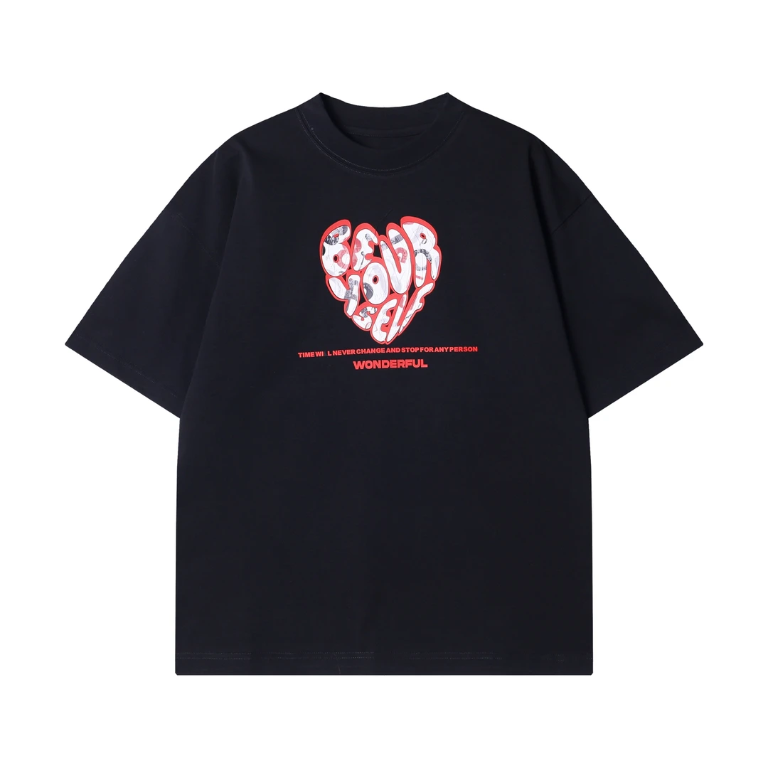 夏季新款时尚个性美式撞色爱心印花重磅圆领短袖T恤气质百搭上衣