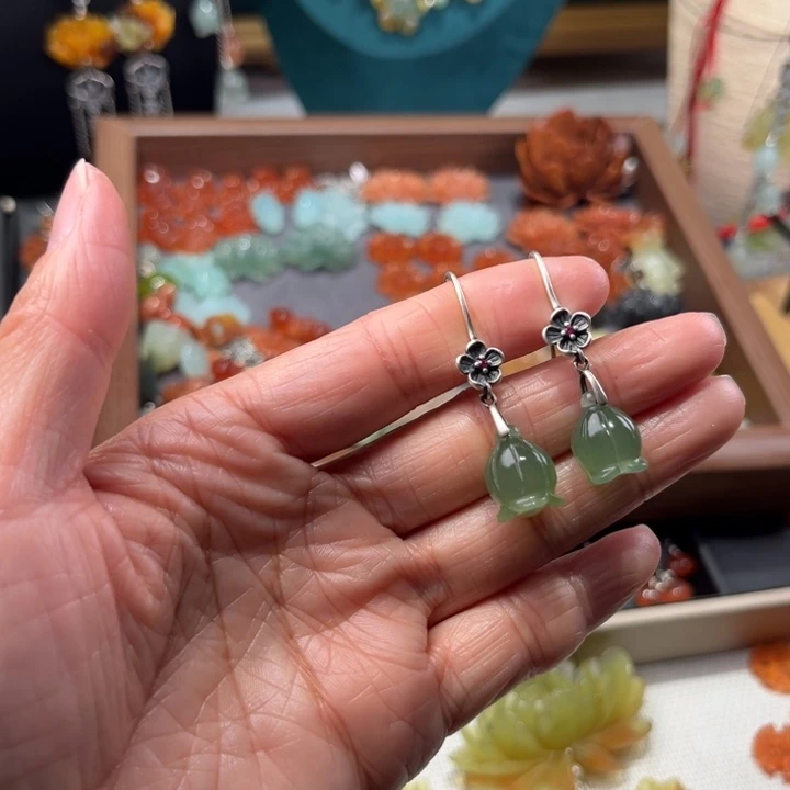 蛇纹石玉耳饰银S925镶嵌