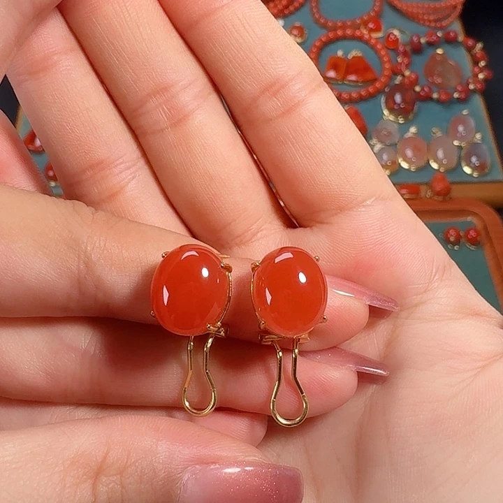 南红玛瑙银S925镶嵌耳饰