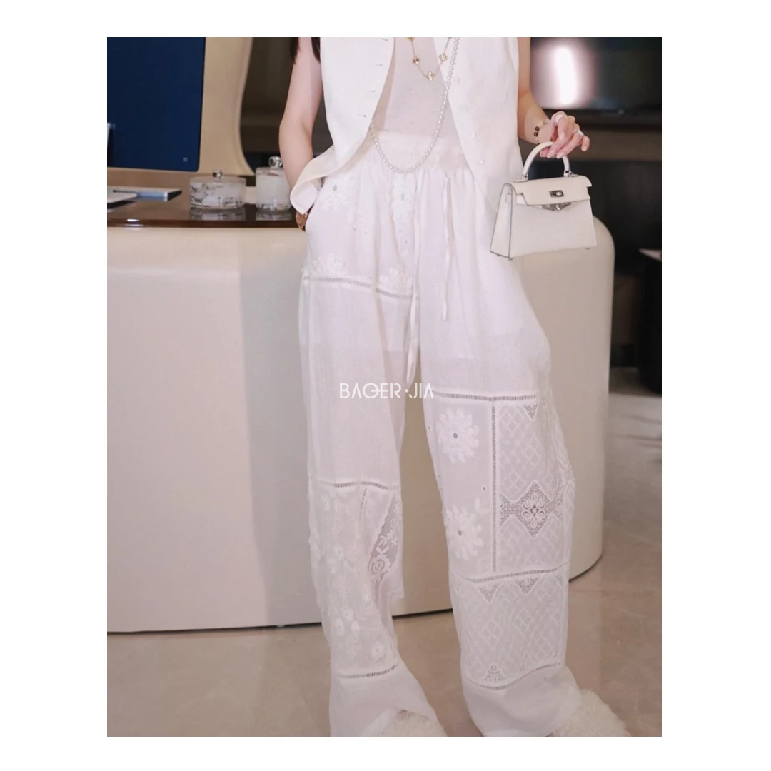 22-【楼梯裤】宝儿家含幂BC71425103春季款刺绣花边拼接亚麻直筒裤