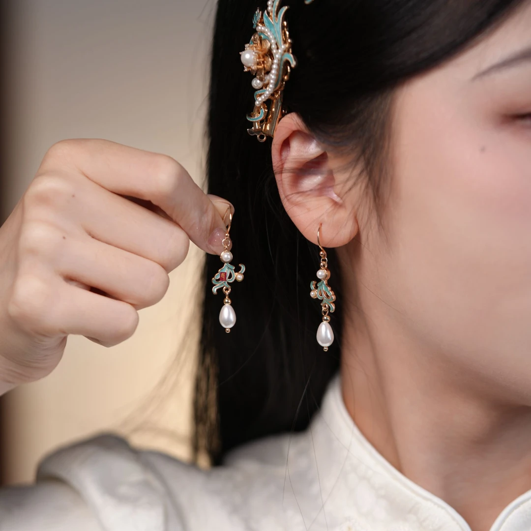 铜合金耳饰 珠蔓系列耳钩/WEEG00145/新中式国风蓝色古风古典手工