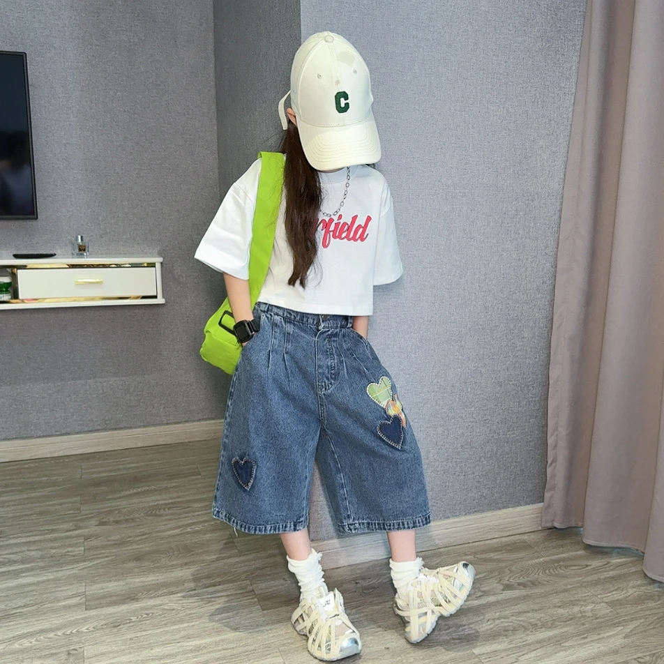 女童2025夏季休闲套装女孩潮酷牛仔短裤中大童宽松短袖T恤两件套