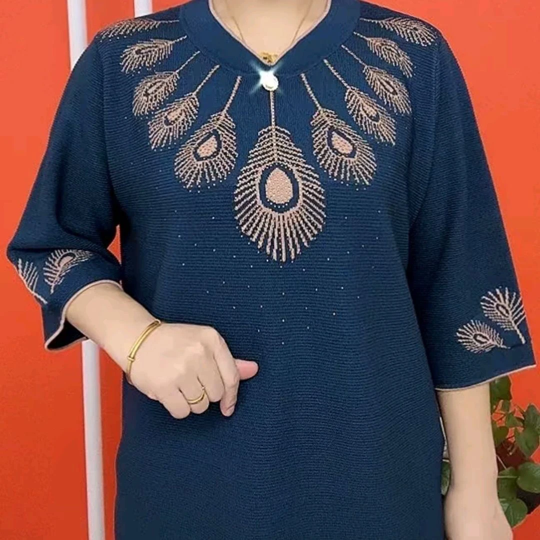 妈妈春夏高档冰丝针织衫新款七分洋气凤尾花宽松打底T恤