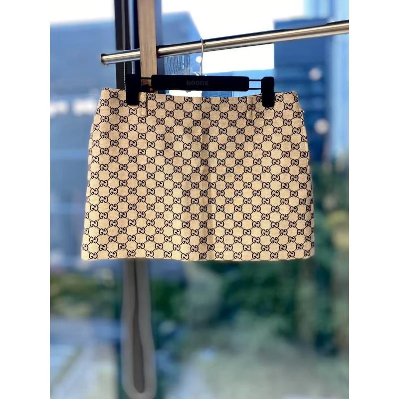 95新 GUCCI/古驰 rc015 亚麻 老花满印高腰半身裙 42码