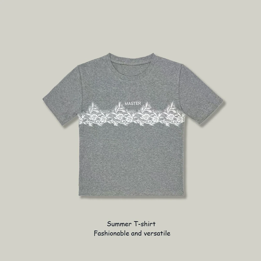 短袖T恤女2025夏季新款蕾丝拼色字母刺绣休闲百搭时尚显瘦上衣女