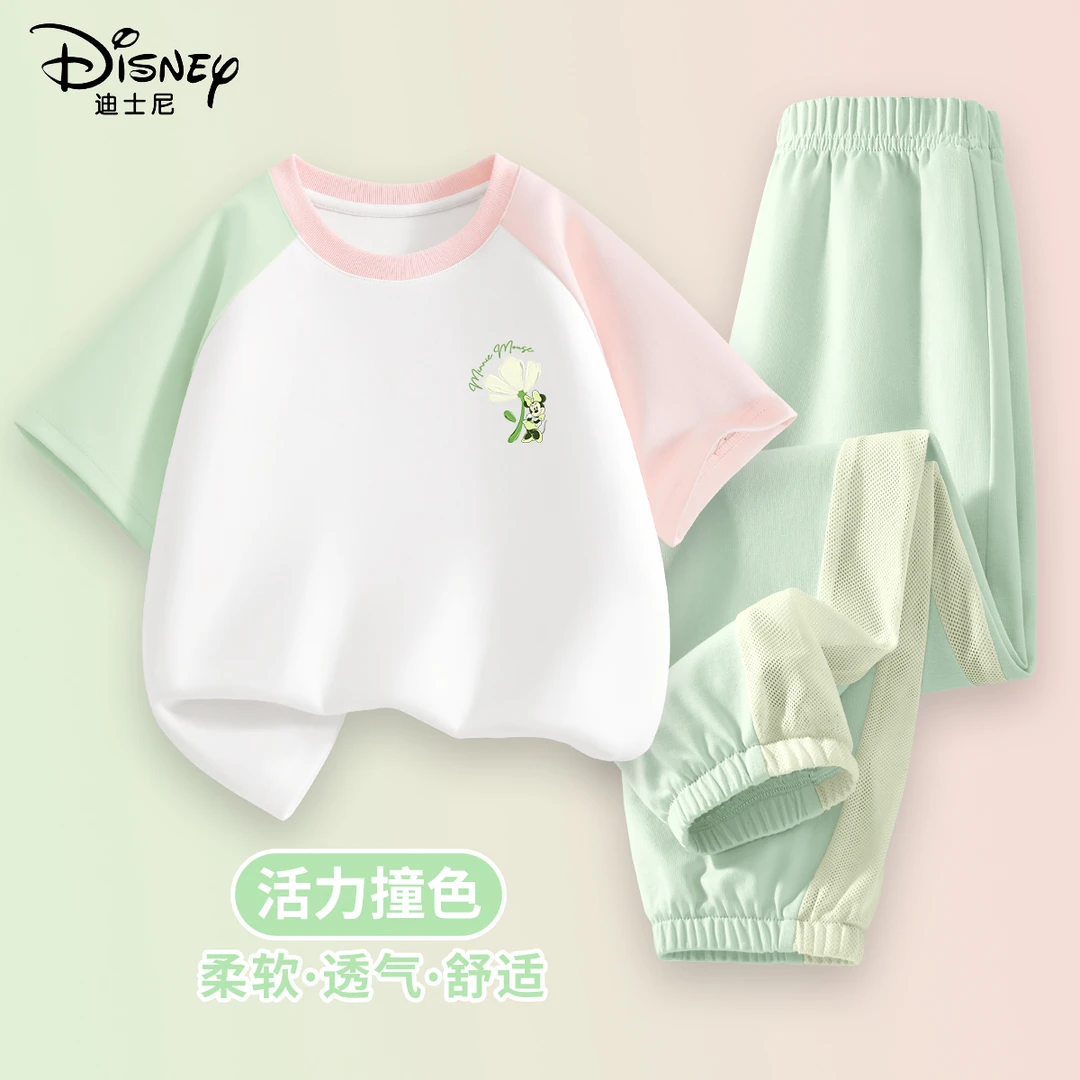 迪士尼女童夏装套装薄款2025新款洋气小孩衣服撞色短袖儿童冰丝裤
